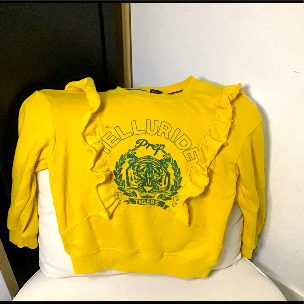 Hi this is a yellow sweater and it has a green tiger in the middle🐯✨
